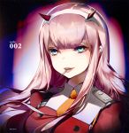  1girl aqua_eyes candy close-up darling_in_the_franxx face food hairband heco_(mama) horns lips lollipop looking_at_viewer mouth_hold open_mouth pink_hair solo straight_hair uniform white_hairband zero_two_(darling_in_the_franxx) 