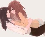  2girls blush brown_hair face-to-face from_side hug long_sleeves looking_at_another multiple_girls open_mouth orange_shirt original shirt sleeves_rolled_up sou_(tuhut) sweat tan_background white_shirt yuri 