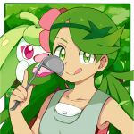  1girl :q cu-sith flower gen_7_pokemon green_eyes green_hair hair_flower hair_ornament ladle long_hair mallow_(pokemon) pokemon pokemon_(creature) pokemon_(game) pokemon_sm steenee tongue tongue_out trial_captain twintails 
