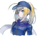  1girl ahoge artoria_pendragon_(all) baseball_cap blonde_hair blue_eyes cropped_arms cropped_torso eyebrows_visible_through_hair fate/grand_order fate_(series) hat mins_(minevi) mysterious_heroine_x ponytail sketch solo white_background 