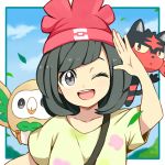  1girl beanie black_hair cu-sith gen_7_pokemon hat leaf litten mizuki_(pokemon_sm) one_eye_closed open_mouth pokemon pokemon_(creature) pokemon_(game) pokemon_sm red_hat rowlet short_hair short_sleeves sky 