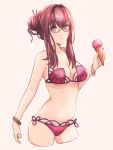  1girl alternate_hairstyle bespectacled bikini bracelet breasts expressionless fate/grand_order fate_(series) flower food gae_bolg glasses hair_flower hair_ornament ice_cream jewelry large_breasts leatzche looking_at_viewer navel pink_bikini purple_bikini purple_hair red_eyes scathach_(fate/grand_order) scathach_(swimsuit_assassin)_(fate) simple_background swimsuit 