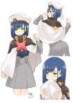  1girl blue_hair blush commentary_request darling_in_the_franxx dated facing_viewer from_behind green_eyes hair_ornament hairclip highres ichigo_(darling_in_the_franxx) multiple_views raised_fist short_hair signature simelu smile standing uniform white_background 