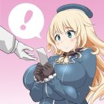  ! 1boy 1girl admiral_(kantai_collection) atago_(kantai_collection) beret black_gloves blonde_hair blue_eyes blush breasts gloves gradient gradient_background hat huge_breasts kantai_collection long_hair pink_background roah speech_bubble spoken_exclamation_mark white_gloves 