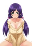  1girl bare_shoulders between_legs blush breasts cleavage collarbone green_eyes hair_ornament hair_scrunchie hand_between_legs highres large_breasts long_hair love_live! love_live!_school_idol_project low_twintails off_shoulder pink_scrunchie purple_hair ribbed_sweater scrunchie smile solo sweater tachibana_roku toujou_nozomi twintails 