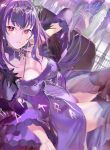  119 1girl bangs bare_shoulders breasts caster_(lostbelt) cleavage detached_sleeves dress eyebrows_visible_through_hair fate/grand_order fate_(series) headpiece jewelry large_breasts long_hair looking_at_viewer purple_hair red_eyes see-through solo thigh_strap tiara 