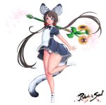  1girl animal_ears apron blade_&amp;_soul blue_dress blue_eyes brown_hair copyright_name dress flower highres kirei_kotoba leg_lift long_hair low_twintails lyn_(blade_&amp;_soul) panties ribbon short_dress smile socks solo staff standing standing_on_one_leg sunflower tail thighs tiger_ears tiger_tail tiptoes twintails underwear very_long_hair white_footwear white_panties wind wind_lift 
