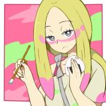  1girl blonde_hair cu-sith eating facepaint food long_hair matsurika_(pokemon) onigiri paintbrush pokemon pokemon_(game) pokemon_sm short_sleeves solo trial_captain 