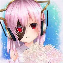  1girl animal_ears bangs bare_shoulders bouquet cat_ear_headphones cat_ears closed_mouth collared_shirt commentary_request eyebrows_visible_through_hair eyepatch fake_animal_ears flower gloves hair_between_eyes head_tilt headphones highres hot_kakigoori long_hair looking_at_viewer original pink_hair red_eyes shirt sleeveless sleeveless_shirt smile solo white_gloves white_shirt 