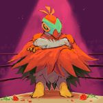  absurdres boxing_ring bummerdude claws commentary creature crossed_arms flower full_body gen_6_pokemon hawlucha highres looking_at_viewer no_humans pokemon pokemon_(creature) red_flower red_rose rose solo standing yellow_eyes 