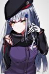  1girl absurdres bangs beret blunt_bangs blush breasts buttons cleavage closed_mouth eyebrows_visible_through_hair facepaint girls_frontline gloves green_eyes hair_ornament hand_in_hair hat head_tilt highres hk416_(girls_frontline) jacket long_hair looking_at_viewer medium_breasts nyukai_kanro silver_hair simple-background smile solo teardrop tsurime upper_body white_background 