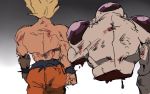  2boys back_turned blonde_hair blood commentary_request dragon_ball dragonball_z flying frieza grey_background imamuu_(imamoon) injury male_focus multiple_boys out_of_frame shirtless short_hair simple_background son_gokuu spiky_hair standing super_saiyan twitter_username two-tone_background white_background wristband 