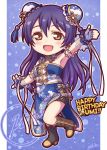  1girl armpits bangs blue_hair boots bun_cover chibi china_dress chinese_clothes commentary_request dated detached_collar double_bun dress eyebrows_visible_through_hair fingerless_gloves full_body gloves hair_between_eyes happy_birthday highres long_hair love_live! love_live!_school_idol_festival love_live!_school_idol_project miloku open_mouth side_slit smile solo sonoda_umi strapless strapless_dress yellow_eyes 