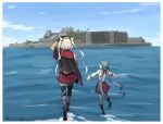  2girls ahoge bandage black_gloves black_legwear blue_sky boots building capelet commentary_request dark_skin from_behind full_body gloves grey_hair grey_legwear hairband halterneck island kantai_collection kiyoshimo_(kantai_collection) low_twintails multiple_girls musashi_(kantai_collection) outdoors pantyhose pleated_skirt pointy_hair red_skirt scenery school_uniform shirt skirt sky thigh-highs twintails twitter_username two_side_up walking walking_on_liquid water white_hair white_shirt yamashiki_(orca_buteo) 