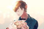  1boy artist_name bouquet bow bowtie brown_hair closed_eyes fantastic_beasts_and_where_to_find_them flower freckles kurosujuu leaf male_focus newt_scamander open_mouth solo 