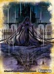  1girl black_hair castle copyright_name crying force_of_will long_hair official_art rain reflection solo water 