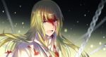  1boy bangs blood blood_on_face bloody_clothes blurry blurry_background chains eyebrows_visible_through_hair fate/grand_order fate/strange_fake fate_(series) floating_hair gradient gradient_background green_hair kingu_(fate) long_hair looking_at_viewer open_mouth sparkle_background toruglose tsurime upper_body violet_eyes 