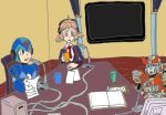  1girl 2boys absurdres android bandai_namco book brown_eyes brown_hair capcom crossover cup hasbro headphones helmet highres kadokawa multiple_boys open_mouth pyra_magna robot rockman rockman_x senki_zesshou_symphogear short_hair sitting table tachibana_hibiki_(symphogear) talking transformers x_(rockman) 