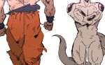  2boys clenched_hands crossed_arms dragon_ball dragonball_z frieza head_out_of_frame imamuu_(imamoon) male_focus multiple_boys shirtless simple_background son_gokuu standing tail twitter_username white_background wristband 