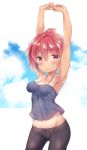  1girl :o armpits arms_up bike_shorts black_shorts blue_sky blush breasts camisole clouds contemporary cowboy_shot day eyebrows_visible_through_hair gluteal_fold groin looking_at_viewer marui_futaba mitsudomoe murasakigo one-piece_tan outside_border parted_lips red_eyes redhead shiny shiny_hair shiny_skin short_hair shorts sky small_breasts solo spaghetti_strap standing stretch sweat tan tanline topknot wet 