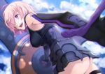  1girl 55level armor armored_dress breasts cleavage elbow_gloves eyebrows_visible_through_hair fate/grand_order fate_(series) from_behind gloves hair_over_one_eye happy mash_kyrielight open_mouth pink_hair shield short_hair smile solo violet_eyes 