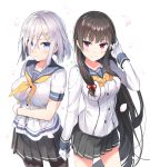  2girls black_hair black_legwear blue_eyes blue_sailor_collar blush breasts buttons gloves grey_skirt hair_ornament hair_over_one_eye hairclip hamakaze_(kantai_collection) highres isokaze_(kantai_collection) kantai_collection large_breasts long_hair long_sleeves multiple_girls nanotaro neckerchief pantyhose petals pleated_skirt red_eyes sailor_collar school_uniform serafuku short_hair short_sleeves silver_hair simple_background skirt smile white_background white_gloves yellow_neckwear 