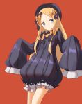  1girl abigail_williams_(fate/grand_order) absurdres bangs black_bow black_dress black_hat blonde_hair bloomers blue_eyes bow butterfly closed_mouth commentary_request devil-dantake dress fate/grand_order fate_(series) forehead hair_bow hat head_tilt highres insect long_hair long_sleeves looking_at_viewer orange_bow parted_bangs polka_dot polka_dot_bow red_background simple_background sleeves_past_fingers sleeves_past_wrists solo underwear very_long_hair white_bloomers 