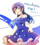  1girl bangs birthday blue_dress blue_hair blush character_name commentary_request cowboy_shot dated dress flower frills hair_between_eyes hair_ornament happy_birthday heru_(totoben) highres long_hair looking_at_viewer love_live! love_live!_school_idol_project open_mouth skirt_hold smile solo sonoda_umi yellow_eyes 