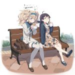  2girls ahoge backpack backpack_removed bag bench black_hair black_hoodie blonde_hair blue_eyes blush brown_footwear closed_mouth cnm dress eating food food_on_face fujinami_(kantai_collection) full_body gambier_bay_(kantai_collection) hair_ribbon hairband hamburger highres hood hoodie kantai_collection loafers long_hair long_sleeves multiple_girls open_clothes open_hoodie outdoors ribbon shoes side_ponytail sitting smile sparkle tears thigh-highs twintails wavy_mouth white_legwear yellow_eyes 