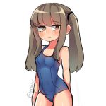  1girl armpits bangs bathing black_outline blush borrowed_character breasts brown_eyes brown_hair cleavage commentary expressionless eyelashes hairband ler0nnie long_hair looking_to_the_side original sidelocks sketch small_breasts solo swimsuit twintails twitter_username white_background 