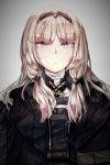  1girl an-94_(girls_frontline) asymmetrical_bangs bangs belt blonde_hair blue_eyes breasts buckle closed_mouth coat expressionless eyebrows_visible_through_hair eyes_visible_through_hair facing_viewer girls_frontline gradient gradient_background hair_ornament hair_over_shoulder hair_ribbon hairband hairclip highres holster jacket light_particles long_hair looking_at_viewer medium_breasts open_clothes open_jacket ribbon shirt sidelocks simple_background solo strap tress_ribbon upper_body uulhan_habinim very_long_hair 