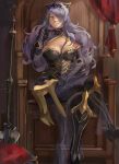  1girl axe breasts camilla_(fire_emblem_if) elbow_gloves fire_emblem fire_emblem_if gloves greaves grin large_breasts long_hair looking_at_viewer purple_hair sitting smile solo throne violet_eyes weapon 