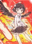  1girl bangs bare_legs bird_wings black_hair black_ribbon black_skirt black_wings book camera collar collared_shirt fire frilled_skirt frills gradient_eyes hat hito_(nito563) holding holding_book long_sleeves looking_at_viewer multicolored multicolored_eyes notebook open_mouth pointy_ears red_eyes red_hat ribbon ribbon_trim shameimaru_aya shirt short_hair skirt smile solo tokin_hat touhou white_shirt wings 