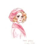  1girl artist_name blonde_hair character_name coat dated fantastic_beasts_and_where_to_find_them green_eyes hat highres queenie_goldstein scarf shisherry simple_background solo traditional_media white_background 