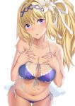  1girl aori_sora bangs bikini blonde_hair blush breasts collarbone diadem eyebrows_visible_through_hair flower granblue_fantasy hair_between_eyes hair_flower hair_intakes hair_ornament hair_ribbon hands_on_own_chest highres hips jeanne_d&#039;arc_(granblue_fantasy) large_breasts lily_(flower) long_hair looking_at_viewer navel open_mouth ponytail purple_bikini ribbon simple_background solo swimsuit thighs violet_eyes waist white_background 