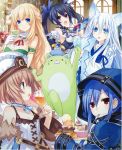  absurdres alcohol animal_ears bare_shoulders black_hair blanc blonde_hair blue_eyes blue_hair blush braid breasts brown_hair cake cleavage cup drinking_glass eating effole_(fairy_fencer_f) fairy_fencer_f food food_on_face fork fork_in_mouth hair_ornament hat highres holding holding_drinking_glass hood hoodie karin_(fairy_fencer_f) long_hair looking_at_viewer multiple_girls neptune_(series) noire open_mouth plate red_eyes ribbon short_hair skirt smile tsunako twintails vert white_hair wine wine_glass 