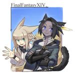  2girls :3 :d animal_ears black_bow black_hair blonde_hair blue_sky bow breasts cat_ears cat_tail closed_mouth commentary copyright_name crossed_arms day earrings feathers final_fantasy final_fantasy_xiv fingernails green_eyes hair_feathers highres jacket jewelry large_breasts long_sleeves miqo&#039;te multiple_girls open_mouth outdoors short_hair signature sky smile tail tostantan violet_eyes waving whisker_markings wing_collar wristband 