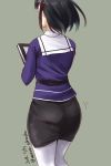  1girl black_hair book dated facing_away haguro_(kantai_collection) kantai_collection minase_(takaoka_nanase) pencil_skirt remodel_(kantai_collection) short_hair skirt twitter_username white_legwear 