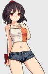  1girl adapted_costume bare_arms bare_shoulders black_hair breasts collarbone cowboy_shot denim denim_shorts eyebrows_visible_through_hair grey_background hand_on_own_chest hat holding medium_breasts midriff miyo_(ranthath) navel red_eyes shameimaru_aya short_hair short_shorts shorts simple_background smile solo standing tokin_hat touhou 