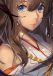  1girl absurdres bare_shoulders blue_eyes blurry blurry_background brown_hair close-up depth_of_field eyebrows_visible_through_hair eyelashes face hair_between_eyes highres kantai_collection kongou_(kantai_collection) lips long_hair miyazaki_byou nontraditional_miko parted_lips portrait shiny shiny_hair solo tassel 