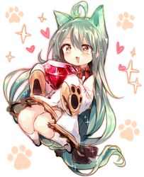  +_+ 1girl :3 :d ahoge akashi_(azur_lane) animal_ears azur_lane bangs blush blush_stickers cat_ears cat_paw commentary_request eyebrows_visible_through_hair full_body gem green_eyes green_hair heart holding kneehighs long_hair long_sleeves open_mouth paw_print ribbon sleeves_past_fingers smile sparkle sparkling_eyes sukemyon very_long_hair yellow_eyes 