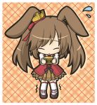 1girl animal_ears bangs blush brown_footwear brown_hair brown_skirt character_request chibi closed_eyes closed_mouth commentary_request crown emil_chronicle_online eyebrows_visible_through_hair facing_viewer flying_sweatdrops full_body holding long_hair long_sleeves mini_crown outstretched_arms plaid plaid_background pleated_skirt rabbit_ears rinechun shirt shoes skirt solo standing thigh-highs twintails very_long_hair white_legwear white_shirt 