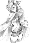 1girl animal_ears ass blush breasts character_request closed_mouth cowboy_shot doushimasho granblue_fantasy greyscale hands_up long_sleeves looking_at_viewer medium_breasts monochrome short_hair short_shorts shorts simple_background sketch solo standing white_background wristband 