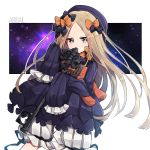  1girl abigail_williams_(fate/grand_order) absurdres bangs black_bow black_dress black_hat blonde_hair bloomers blue_eyes bow butterfly character_name commentary_request covered_mouth dress fate/grand_order fate_(series) forehead hair_bow hat highres insect key long_hair long_sleeves looking_at_viewer object_hug orange_bow oversized_object parted_bangs polka_dot polka_dot_bow sasakura_(npdk7484) sleeves_past_fingers sleeves_past_wrists solo space stuffed_animal stuffed_toy teddy_bear underwear very_long_hair white_background white_bloomers 