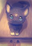  :3 artist_name blue_eyes brown_footwear cat cat_focus closed_mouth commentary_request highres indoors looking_at_viewer manino_(mofuritaionaka) no_humans original shoes shoes_removed signature solo wooden_floor 