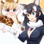 /\/\/\ 2girls :d animal_ears between_breasts black_hair black_jacket blonde_hair blush breast_pocket breasts cleavage commentary_request eyebrows_visible_through_hair fang fur_collar fur_trim giraffe_ears giraffe_print gloves grey_wolf_(kemono_friends) hand_up heterochromia highres jacket kemono_friends large_breasts long_hair multicolored_hair multiple_girls necktie necktie_between_breasts nose_blush open_mouth parted_lips pocket reticulated_giraffe_(kemono_friends) scarf smile snapping_fingers totokichi violet_eyes white_gloves white_hair wolf_ears yellow_eyes 