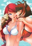  2girls :o absurdres ahoge animal_ears artist_request bare_shoulders between_breasts bikini_top blazblue blue_eyes breasts brown_hair cleavage closed_eyes clouds day dripping food front-tie_top highres ice_cream large_breasts licking long_hair makoto_nanaya multicolored_hair multiple_girls official_art one_eye_closed open_mouth redhead short_hair sky squirrel_ears suggestive_fluid swimsuit tongue tsubaki_yayoi two-tone_hair upper_body very_long_hair 