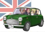  4girls assam bangs black_neckwear blonde_hair blue_eyes blue_sweater braid car closed_mouth darjeeling dress_shirt driving eyebrows_visible_through_hair flag_background frown girls_und_panzer ground_vehicle long_sleeves looking_at_another looking_at_viewer looking_to_the_side mini_cooper motor_vehicle multiple_girls necktie open_mouth orange_hair orange_pekoe parted_bangs parted_lips redhead riding rosehip shirt short_hair sitting smile st._gloriana&#039;s_school_uniform sweater tied_hair twin_braids union_jack uona_telepin v-neck v-shaped_eyebrows white_shirt wing_collar 