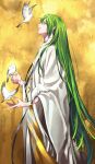  1boy androgynous bird bird_on_hand enkidu_(fate/strange_fake) fate/strange_fake fate_(series) fingernails from_side green_eyes green_hair highres long_hair long_sleeves male_focus robe solo standing tenobe very_long_hair wide_sleeves yellow_background 