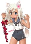  &gt;:d 1girl :d animal_ears bangs black_neckwear blonde_hair blue_eyes blue_swimsuit blush character_request claw_pose covered_navel dog_ears dog_tail ebifly eyebrows_visible_through_hair fang fingernails flower hair_flower hair_ornament hands_up kantai_collection kemonomimi_mode looking_at_viewer neckerchief one-piece_swimsuit open_mouth pink_flower ro-500_(kantai_collection) school_uniform serafuku shirt simple_background smile solo standing swimsuit tail tan tanline translation_request twitter_username v-shaped_eyebrows white_background white_shirt 
